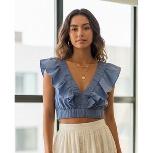 Midnight Sky Blue Ruffle V-Neck Crop‎ Top Smocked Back Tie Cotton Large